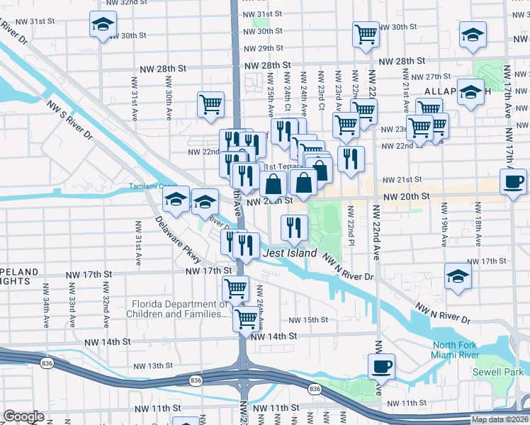 map of restaurants, bars, coffee shops, grocery stores, and more near 2500 Northwest 20th Street in Miami