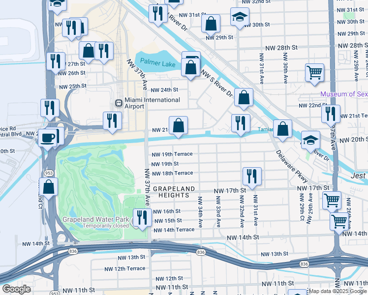 map of restaurants, bars, coffee shops, grocery stores, and more near 3520 Northwest 20th Street in Miami
