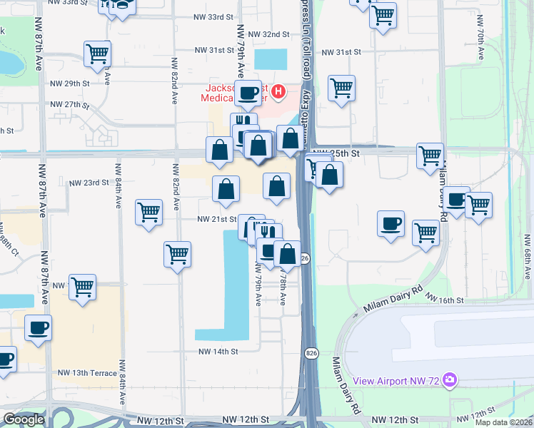 map of restaurants, bars, coffee shops, grocery stores, and more near 2105 Northwest 79th Avenue in Doral