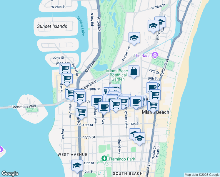 map of restaurants, bars, coffee shops, grocery stores, and more near Meridian Ave & 18th St in Miami Beach