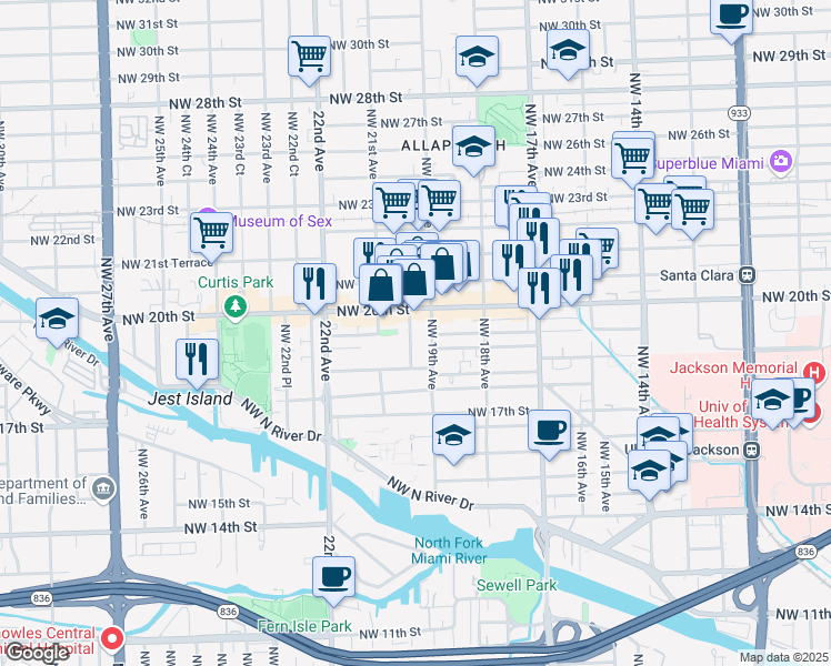 map of restaurants, bars, coffee shops, grocery stores, and more near 1940 Northwest 19th Avenue in Miami