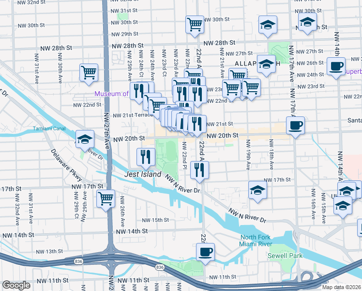 map of restaurants, bars, coffee shops, grocery stores, and more near 1976 Northwest 22nd Place in Miami