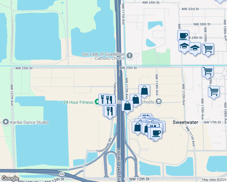 map of restaurants, bars, coffee shops, grocery stores, and more near Homestead Extension of Florida's Turnpike in Miami