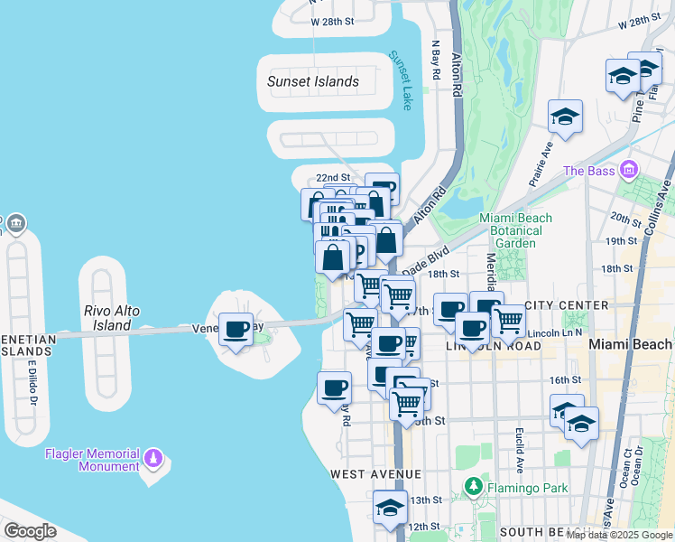map of restaurants, bars, coffee shops, grocery stores, and more near 1801 Bay Road in Miami Beach