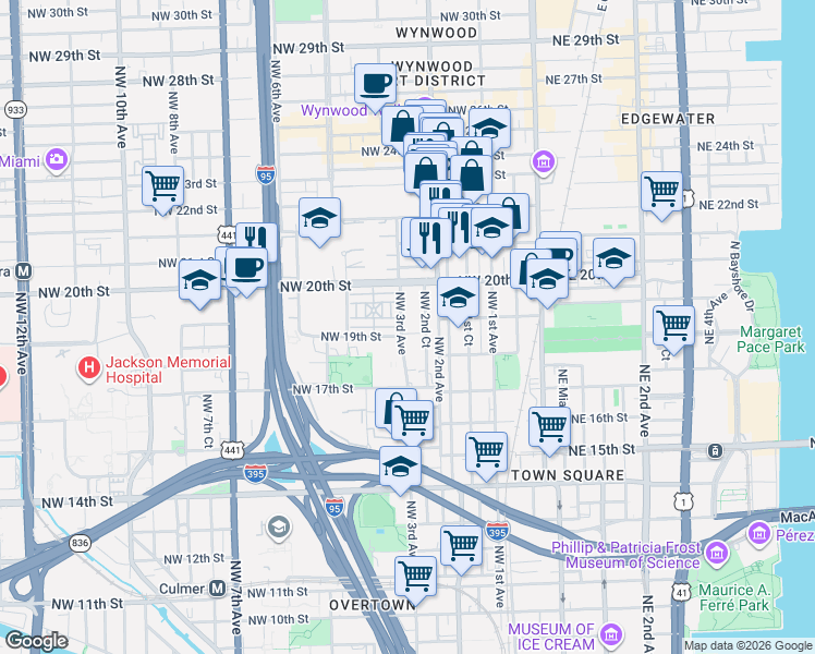 map of restaurants, bars, coffee shops, grocery stores, and more near 1921 Northwest 3rd Avenue in Miami