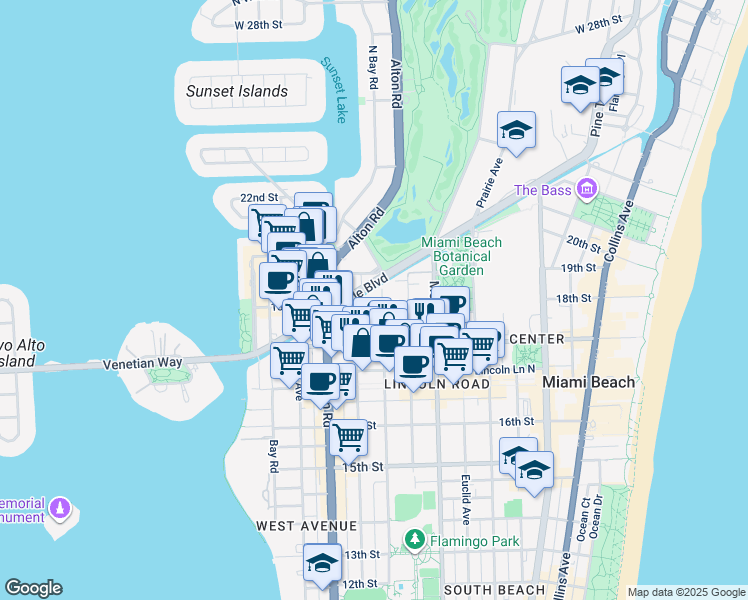 map of restaurants, bars, coffee shops, grocery stores, and more near in Miami Beach