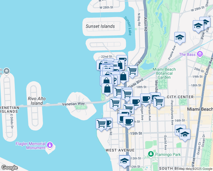 map of restaurants, bars, coffee shops, grocery stores, and more near 1801 Bay Road in Miami Beach