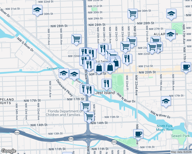map of restaurants, bars, coffee shops, grocery stores, and more near 2500 Northwest 20th Street in Miami