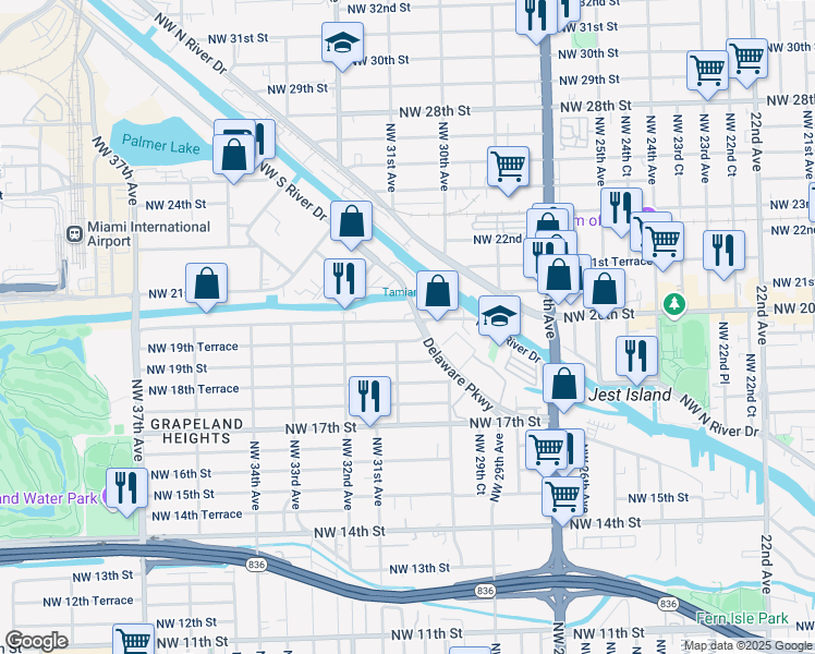 map of restaurants, bars, coffee shops, grocery stores, and more near 3010 Northwest 20th Street in Miami