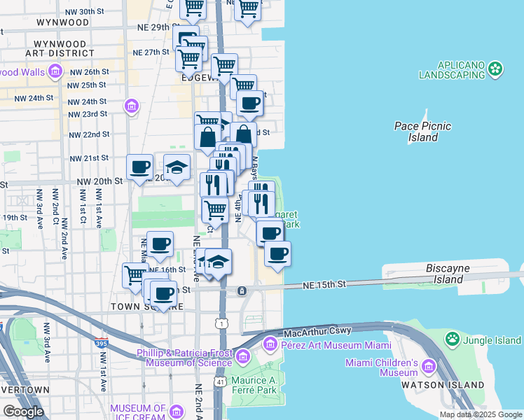 map of restaurants, bars, coffee shops, grocery stores, and more near 1800 North Bayshore Drive in Miami