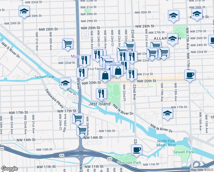 map of restaurants, bars, coffee shops, grocery stores, and more near 1901 Northwest 24th Avenue in Miami