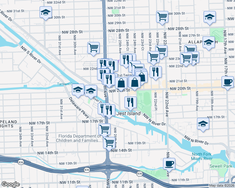 map of restaurants, bars, coffee shops, grocery stores, and more near 2500 Northwest 20th Street in Miami