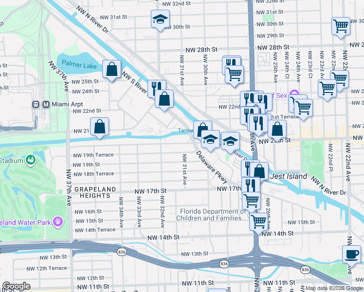 map of restaurants, bars, coffee shops, grocery stores, and more near 3010 Northwest 20th Street in Miami