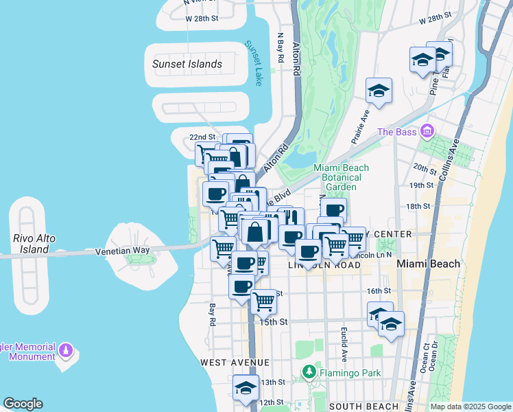 map of restaurants, bars, coffee shops, grocery stores, and more near 1801 Alton Road in Miami Beach