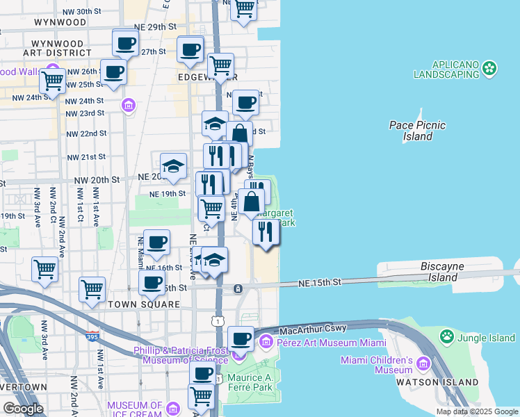 map of restaurants, bars, coffee shops, grocery stores, and more near 1800 North Bayshore Drive in Miami