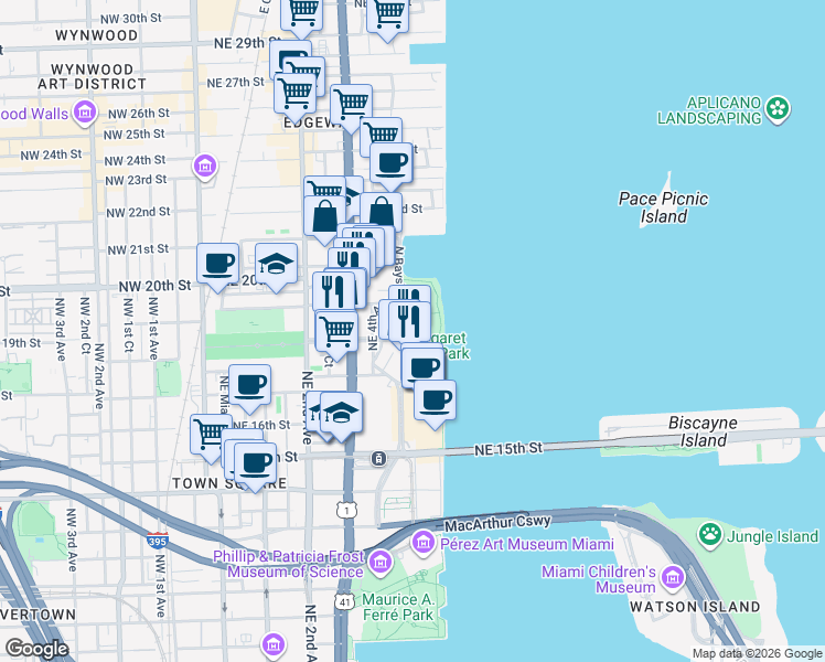 map of restaurants, bars, coffee shops, grocery stores, and more near 1800 North Bayshore Drive in Miami