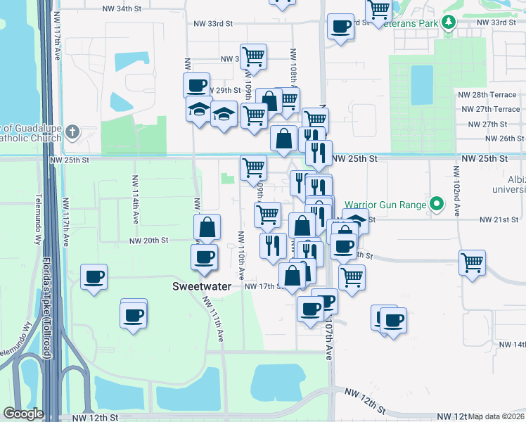 map of restaurants, bars, coffee shops, grocery stores, and more near 1031 Northwest 109th Avenue in Miami