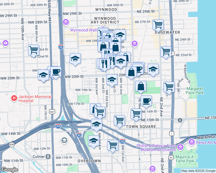 map of restaurants, bars, coffee shops, grocery stores, and more near 1919 Northwest 2nd Court in Miami
