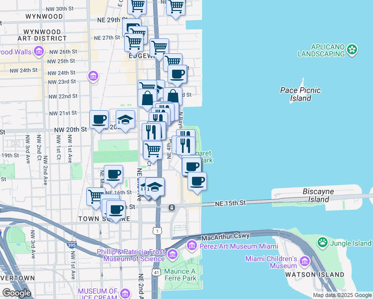 map of restaurants, bars, coffee shops, grocery stores, and more near 1800 North Bayshore Drive in Miami