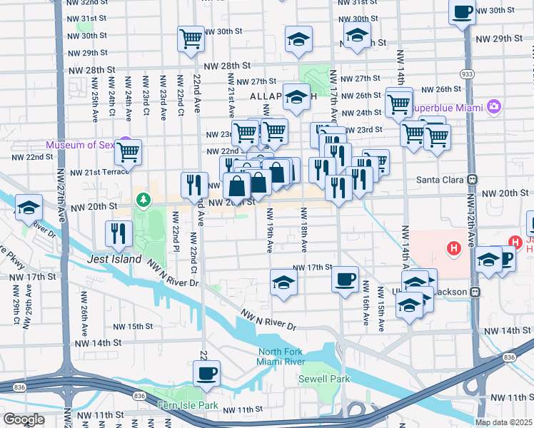 map of restaurants, bars, coffee shops, grocery stores, and more near 1940 Northwest 19th Avenue in Miami