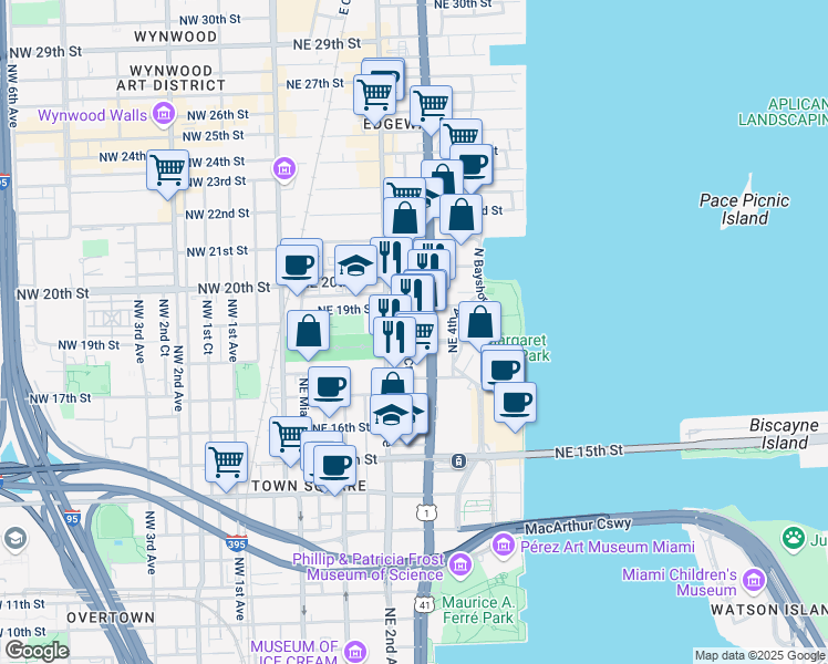 map of restaurants, bars, coffee shops, grocery stores, and more near 275 Northeast 18th Street in Miami