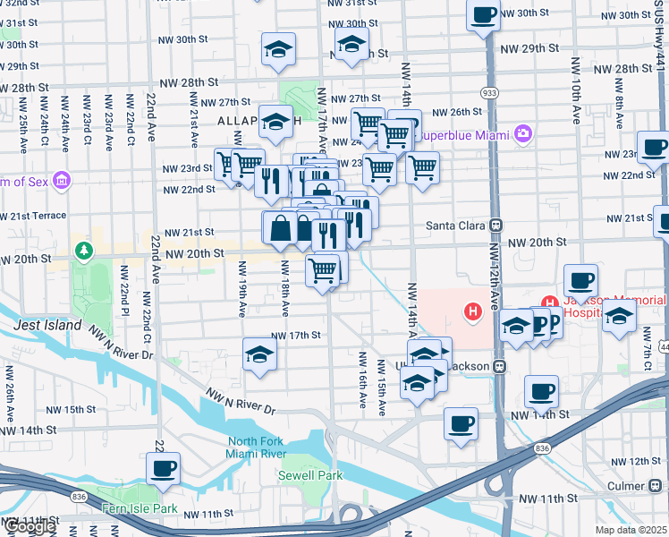 map of restaurants, bars, coffee shops, grocery stores, and more near 1955 Northwest 17th Avenue in Miami