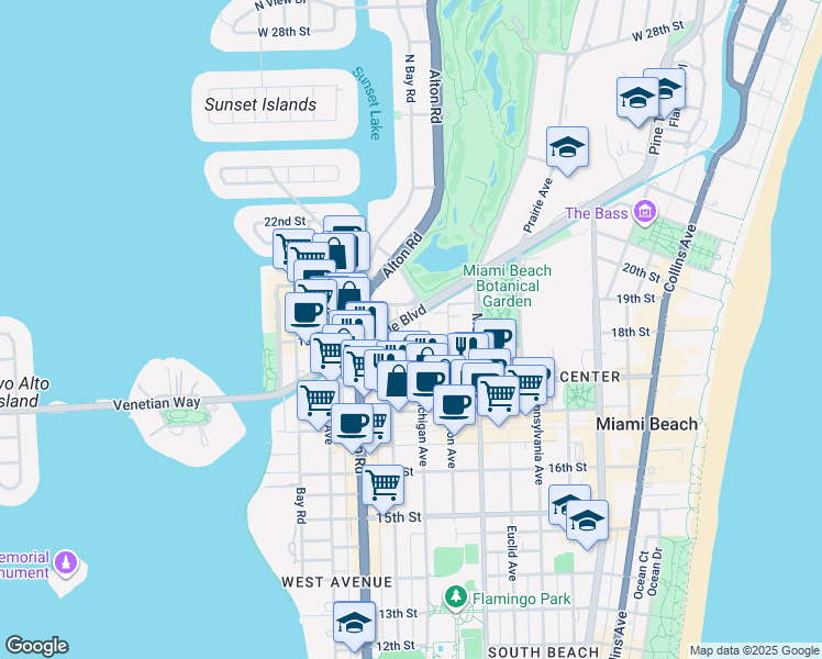 map of restaurants, bars, coffee shops, grocery stores, and more near 1810 Michigan Avenue in Miami Beach