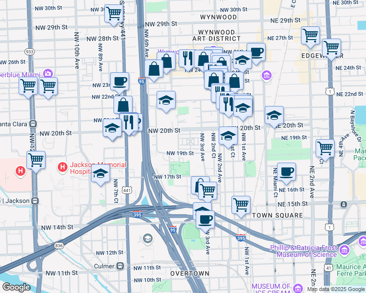 map of restaurants, bars, coffee shops, grocery stores, and more near 430 Northwest 19th Terrace in Miami
