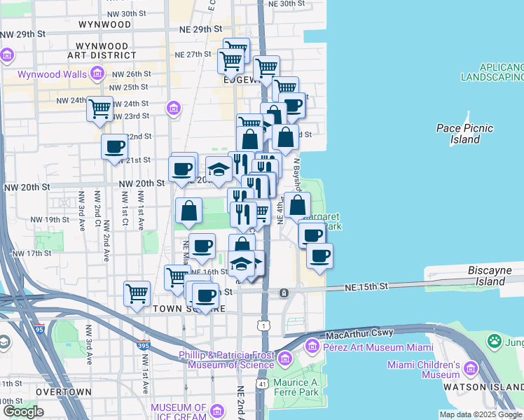 map of restaurants, bars, coffee shops, grocery stores, and more near 1851 Northeast 2nd Avenue in Miami