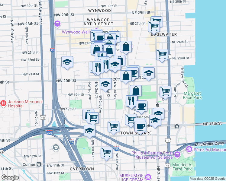 map of restaurants, bars, coffee shops, grocery stores, and more near 1899 Northwest 1st Court in Miami
