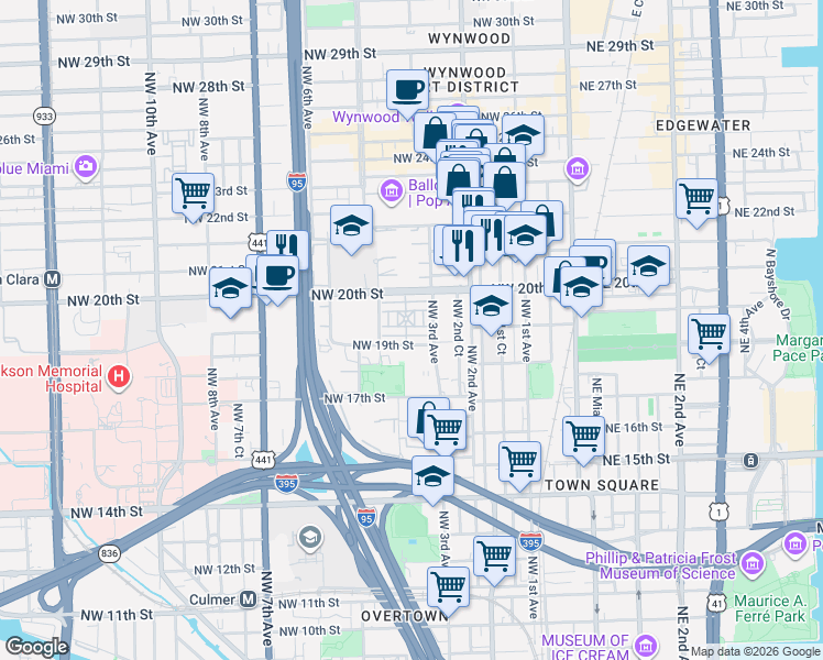 map of restaurants, bars, coffee shops, grocery stores, and more near 300 Northwest 19th Terrace in Miami