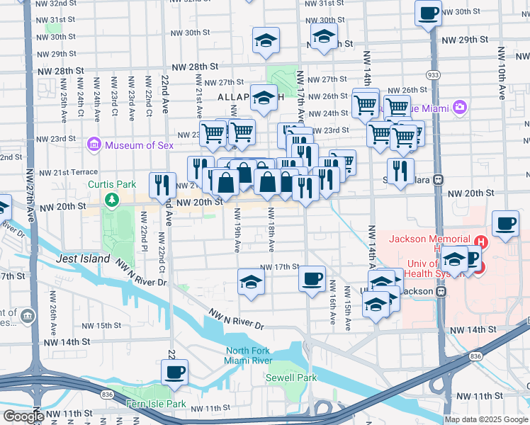 map of restaurants, bars, coffee shops, grocery stores, and more near 1833 Northwest 19th Terrace in Miami