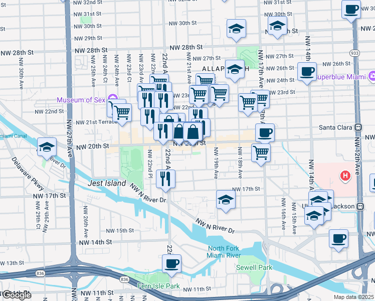 map of restaurants, bars, coffee shops, grocery stores, and more near 2175 Northwest 19th Terrace in Miami
