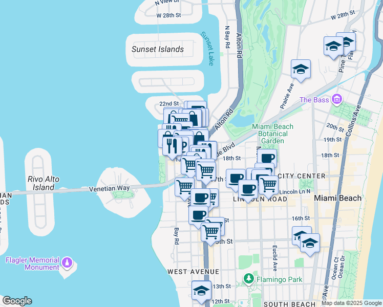 map of restaurants, bars, coffee shops, grocery stores, and more near 1819 West Avenue in Miami Beach