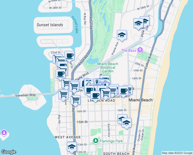 map of restaurants, bars, coffee shops, grocery stores, and more near 1821 Jefferson Avenue in Miami Beach