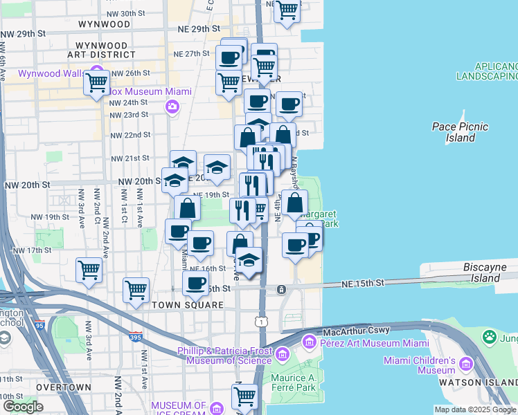 map of restaurants, bars, coffee shops, grocery stores, and more near 1851 Northeast 2nd Avenue in Miami