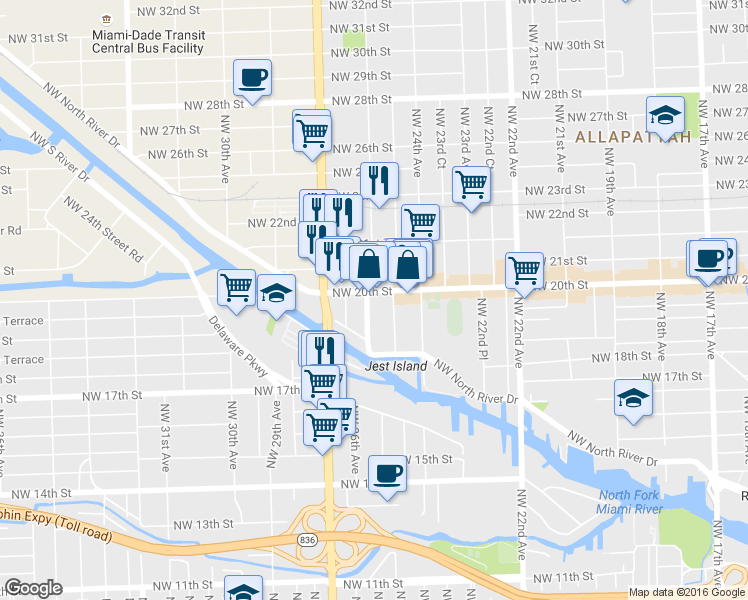 map of restaurants, bars, coffee shops, grocery stores, and more near 2500 Northwest 20th Street in Miami