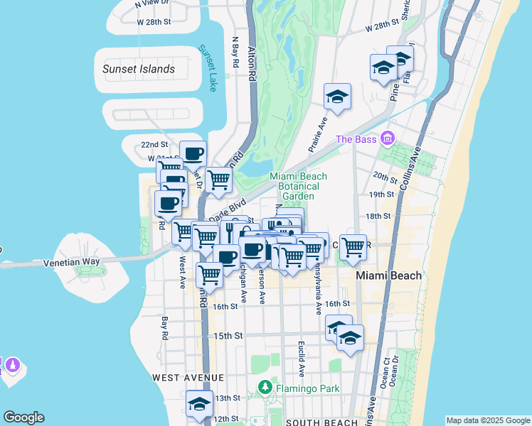 map of restaurants, bars, coffee shops, grocery stores, and more near 1821 Jefferson Avenue in Miami Beach