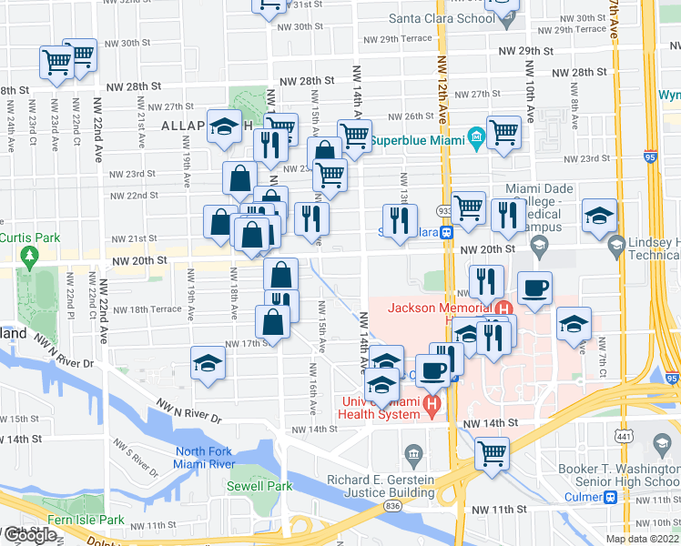 map of restaurants, bars, coffee shops, grocery stores, and more near 1465 Northwest 15th Avenue in Miami