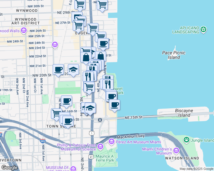 map of restaurants, bars, coffee shops, grocery stores, and more near 1800 North Bayshore Drive in Miami