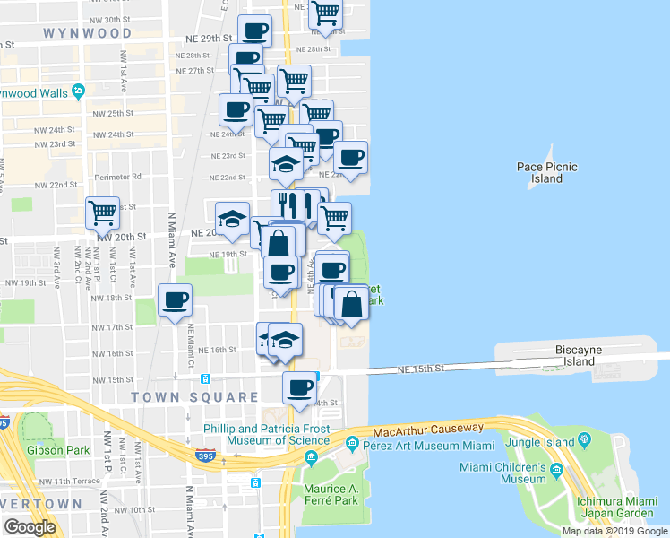 map of restaurants, bars, coffee shops, grocery stores, and more near 1800 North Bayshore Drive in Miami