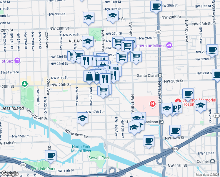 map of restaurants, bars, coffee shops, grocery stores, and more near 1955 Northwest 17th Avenue in Miami