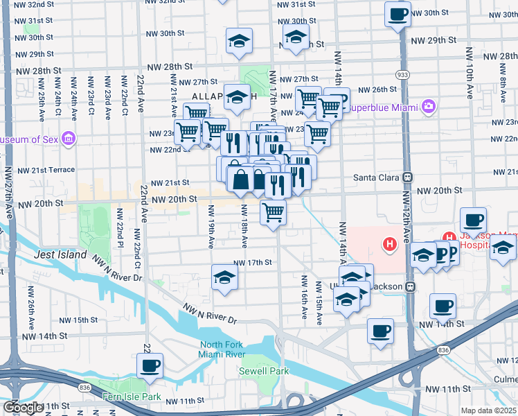 map of restaurants, bars, coffee shops, grocery stores, and more near 1761 Northwest 19th Terrace in Miami
