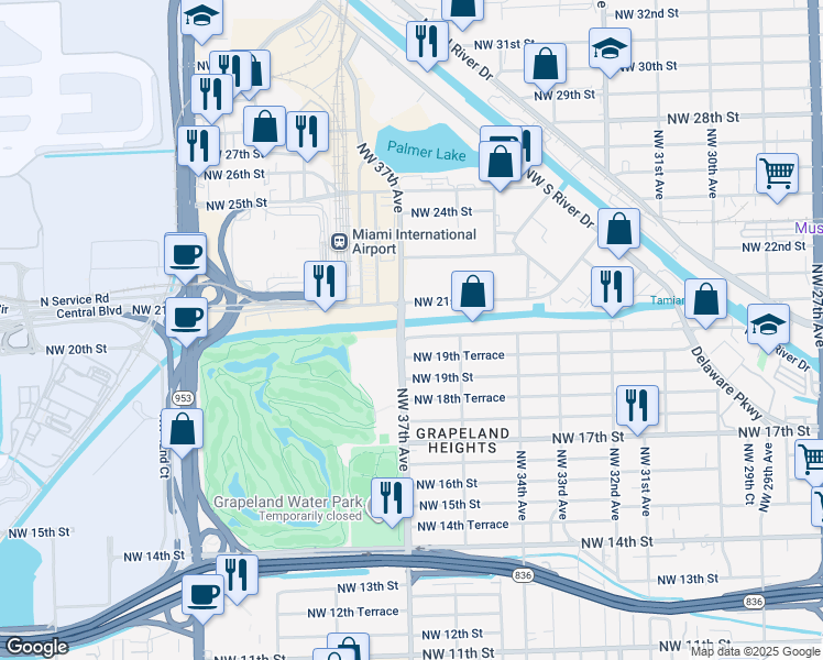 map of restaurants, bars, coffee shops, grocery stores, and more near 3691 Northwest 20th Street in Miami