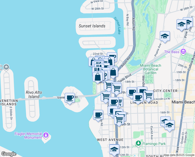 map of restaurants, bars, coffee shops, grocery stores, and more near 1827 Purdy Avenue in Miami Beach