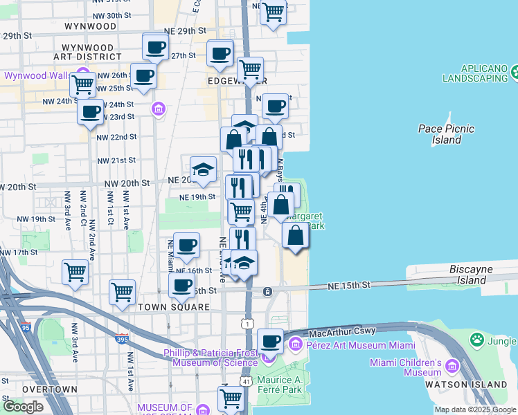 map of restaurants, bars, coffee shops, grocery stores, and more near 1820 Northeast 4th Avenue in Miami