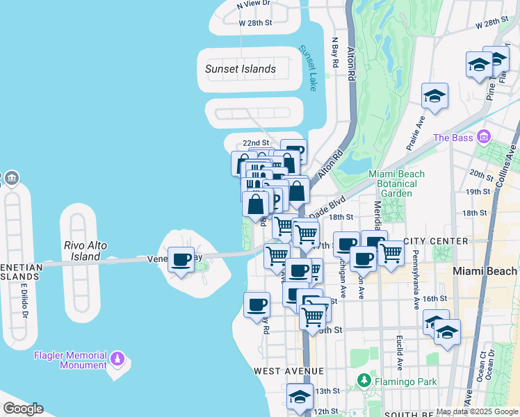 map of restaurants, bars, coffee shops, grocery stores, and more near 1801 Bay Road in Miami Beach