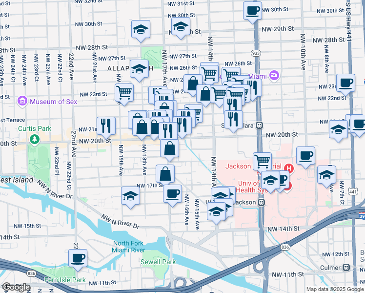 map of restaurants, bars, coffee shops, grocery stores, and more near 1525 Northwest 19th Terrace in Miami