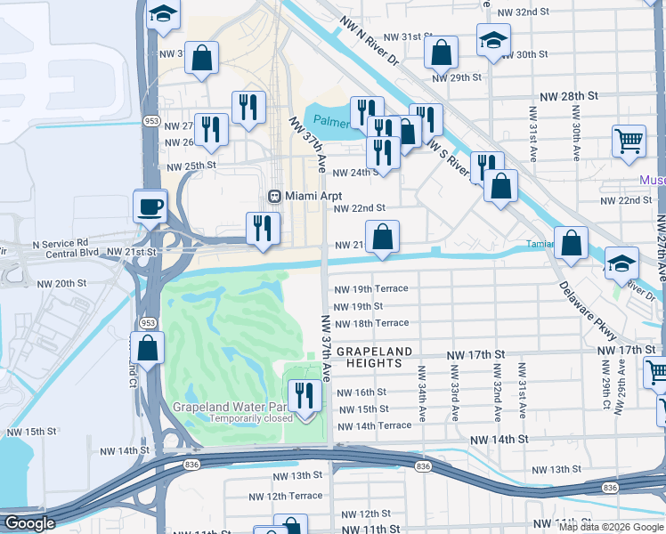 map of restaurants, bars, coffee shops, grocery stores, and more near 3691 Northwest 20th Street in Miami