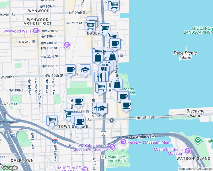 map of restaurants, bars, coffee shops, grocery stores, and more near 1819 Biscayne Boulevard in Miami